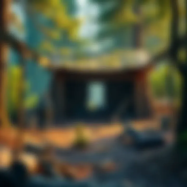 A character building a shelter in a forest environment, with tools and resources scattered around.