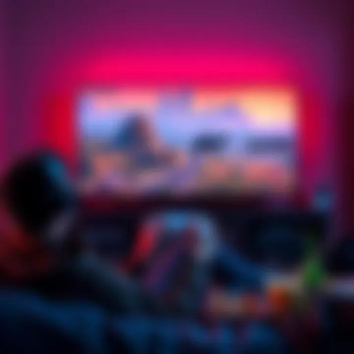 Open world gaming scene A gamer relaxing with a controller in front of a large screen displaying an open world game, surrounded by snacks and drinks