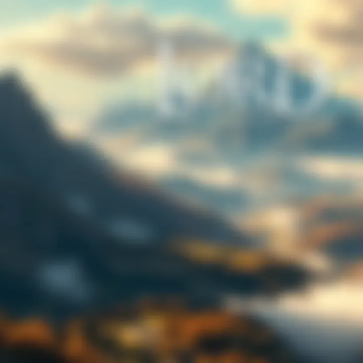 Concept art showing a vast open landscape inspired by the Lord of the Rings, featuring mountains, forests, and fantasy elements