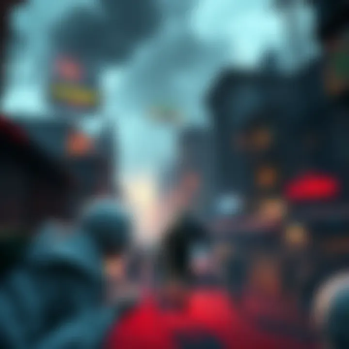 A character navigating through a vast and detailed Raccoon City environment, battling zombies and exploring buildings.