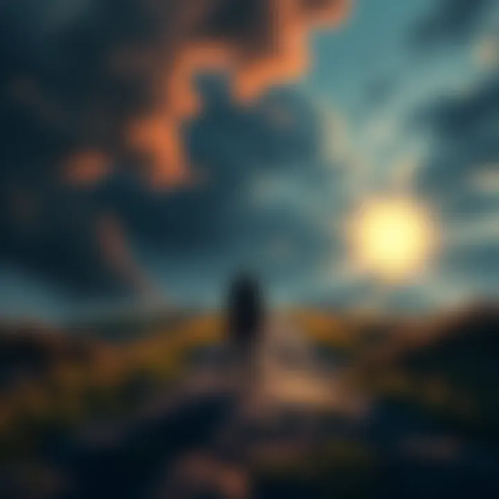 A character in an open world RPG standing at a crossroads, contemplating choices with potential consequences illustrated by dark and light paths ahead.