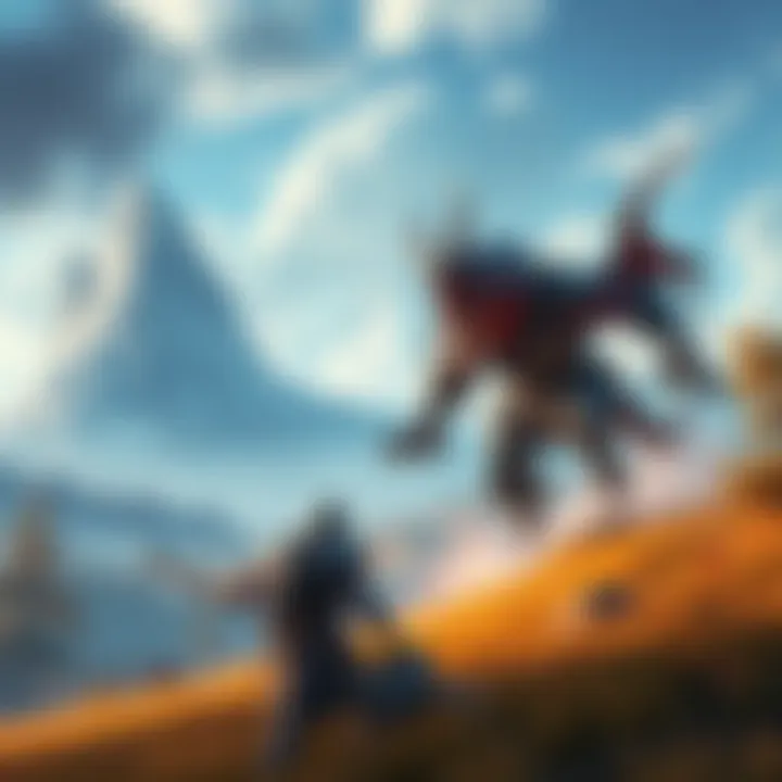 A character in armor battles a monstrous creature in a vibrant open world environment with lush landscapes and towering mountains.