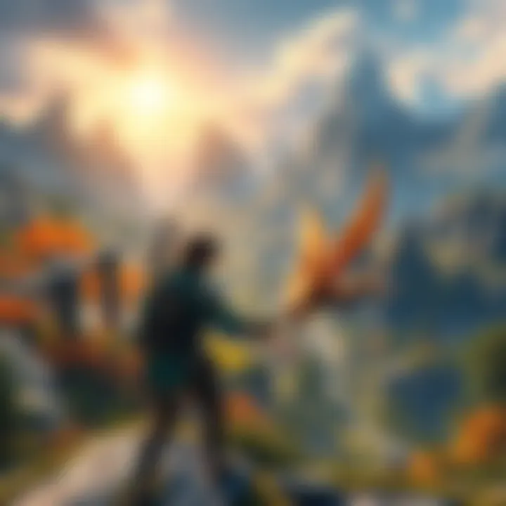 A vibrant scene depicting a character exploring a vast open-world landscape filled with mountains, forests, and ruins. The character is equipped with fantasy gear, engaging in combat with a mythical c...