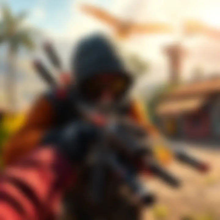 A character aiming a firearm in a vibrant open world setting, showcasing dynamic shooting mechanics.