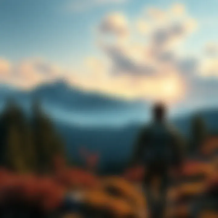 A player exploring a vast open world with mountains and forests in the background, carrying survival gear and looking towards a distant horizon