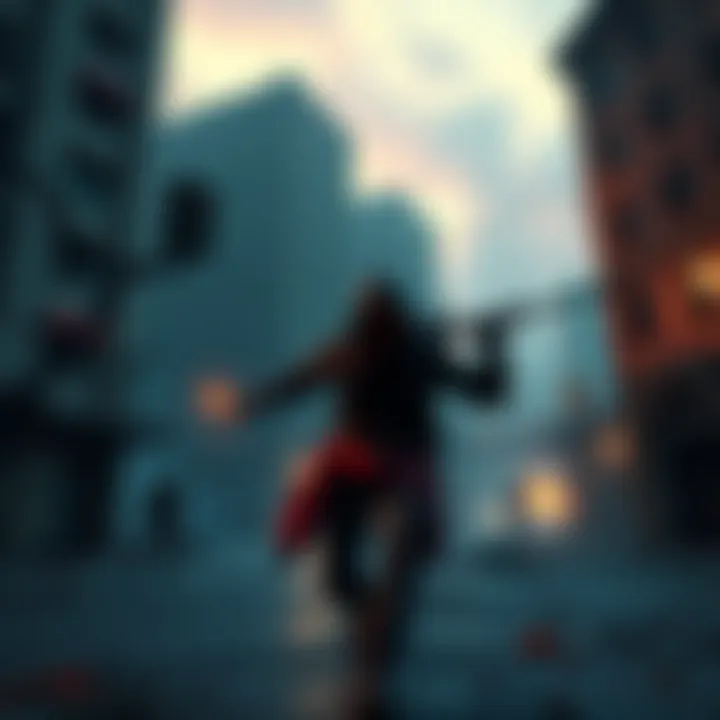 A character fighting zombies in an urban environment with dark vibes and abandoned buildings