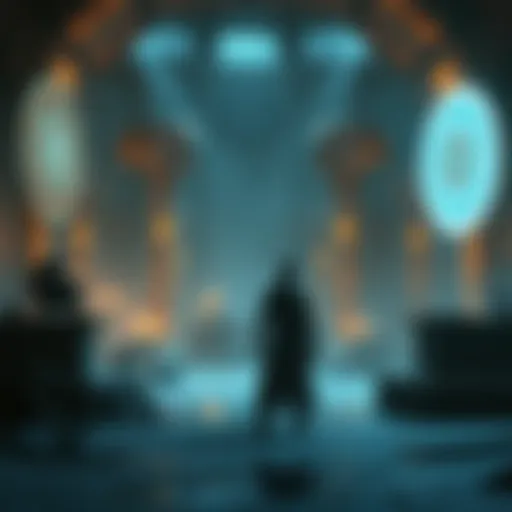 The Operator stands in a futuristic setting, pondering Roathe's role in Orokin past, surrounded by ancient Orokin artifacts and glowing symbols.