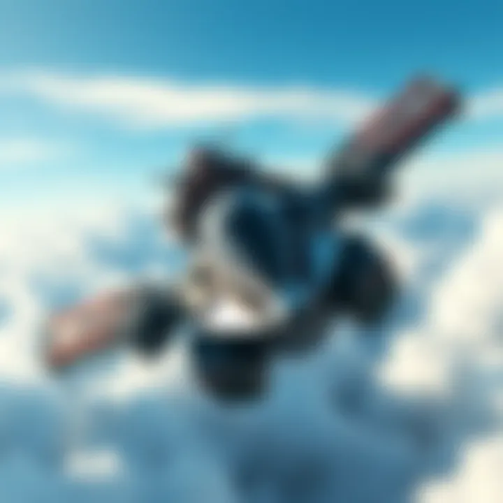 The Operator confidently pilots Valkyr, surrounded by clouds and blue sky, feeling the thrill of their first flight.