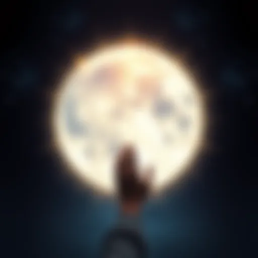 A person gazing at a bright full moon, symbolizing the Oracle of the Moon with a serene expression and mystical aura.