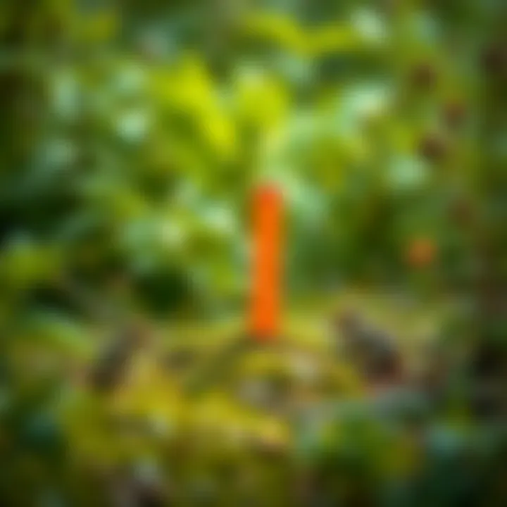 Orange bar with wildlife-safe surroundings A bright orange bar placed in a natural setting, surrounded by greenery and small animals, showing efforts to enhance visibility without harming nature.