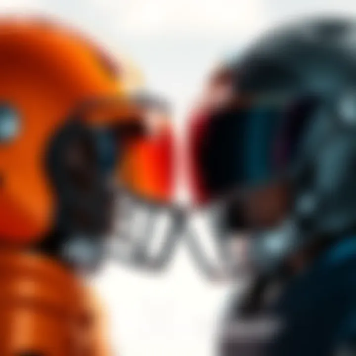 A comparison of an orange helmet and a steel helmet side by side, showcasing their colors and styles.