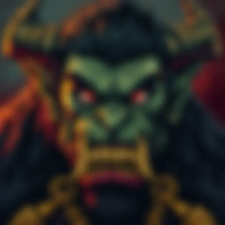 A fierce orc character with dark, dramatic features, blending vintage horror and heavy metal styles, illustrated in bold colors.