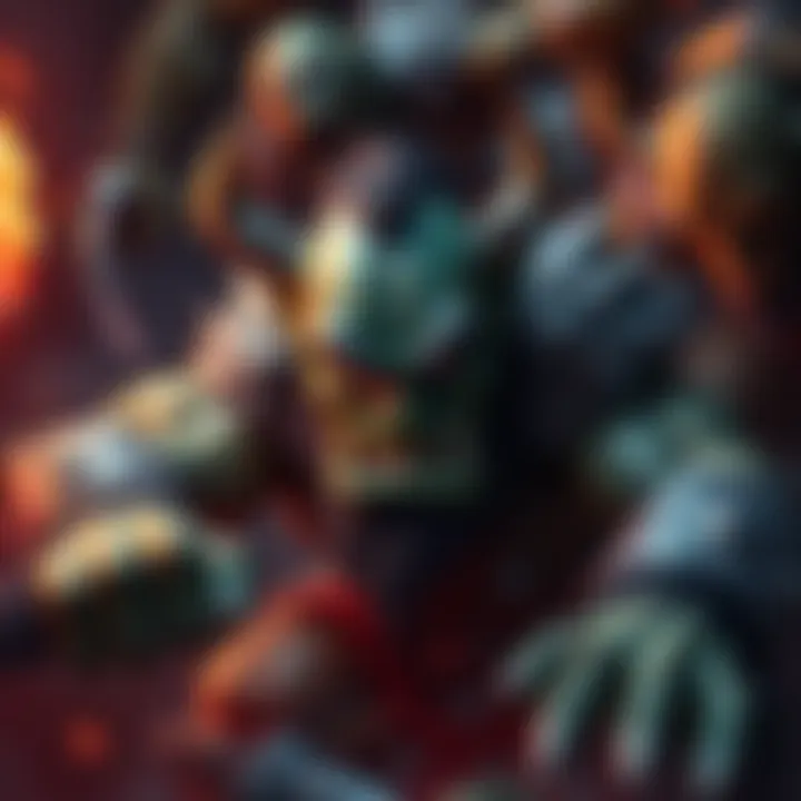 An orc in the pit fights against five mental challenges while facing enemies around it, showing determination and strength.
