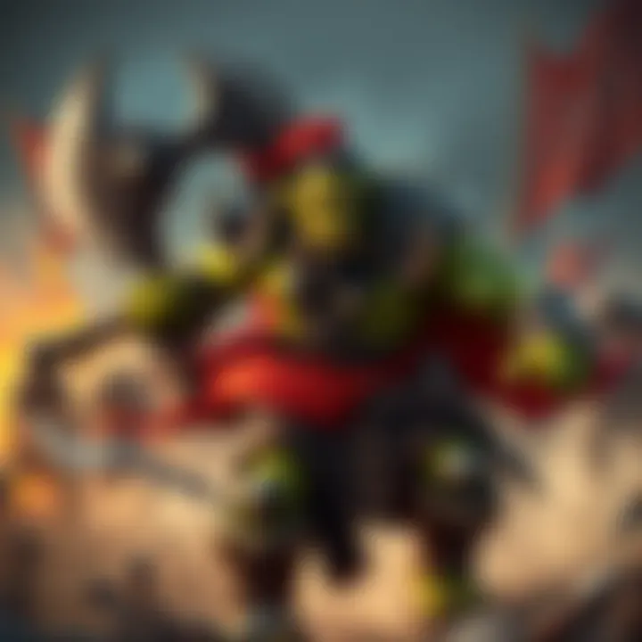 A fierce orc warrior wielding a large axe, leading a charge in a battle setting with allies around him.