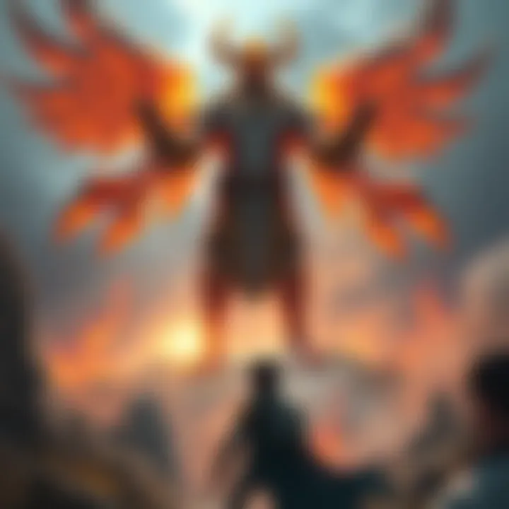 Ordinary Hero Battling a God A character representing an average gamer stands defiantly against a massive, glowing god-like figure in a fantasy landscape.