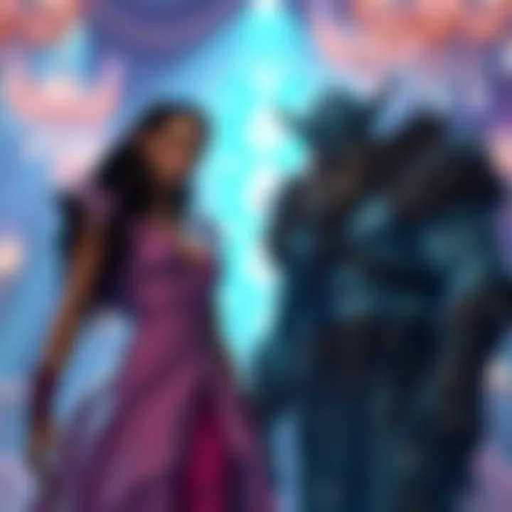 Orelyn, a dark elf archaeologist, in elegant attire and Korr, a giantborn barbarian, wearing a fierce outfit, stand together at the glamorous Sapphire Ball, surrounded by sparkling decorations.