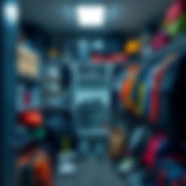 A neatly arranged closet with sports and outdoor gear, showcasing boxes and hangers for effective inventory management.