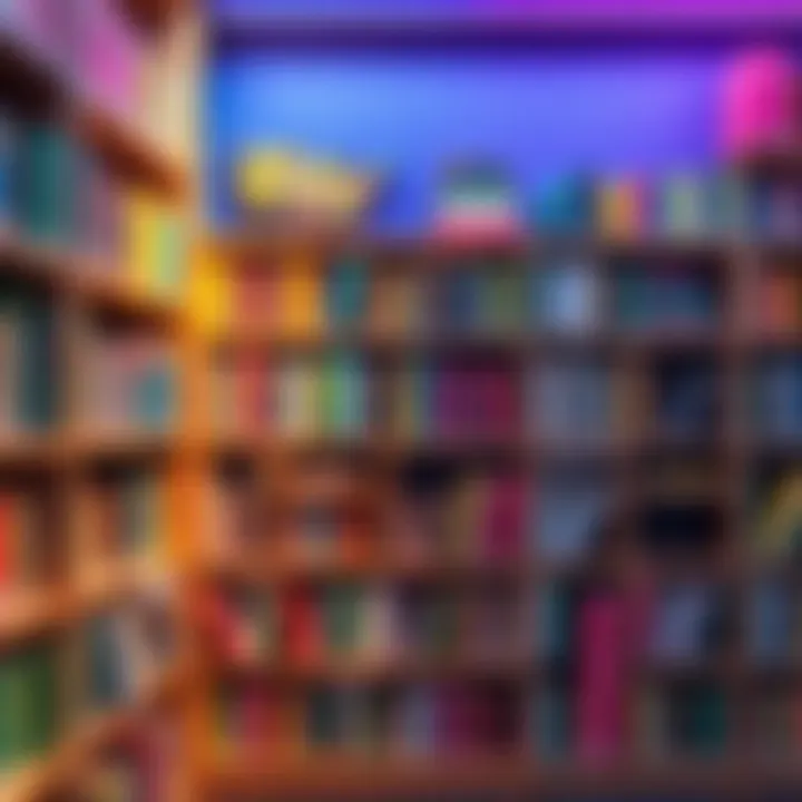 Colorful books neatly arranged on wooden shelves showcasing various organizational styles