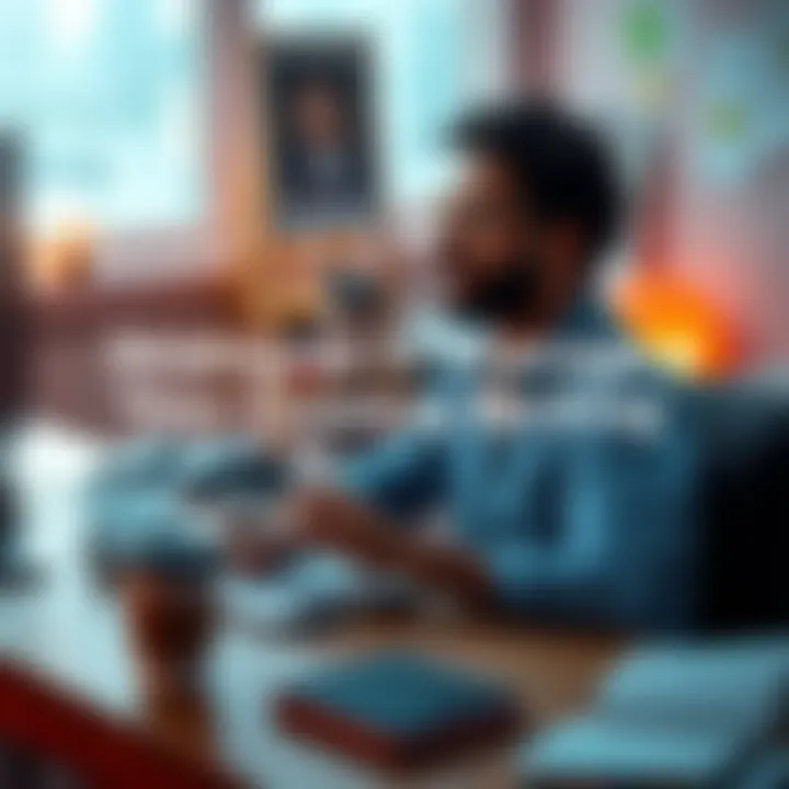 A person sitting at a desk, writing tasks on a notepad while looking focused and relaxed, with a computer and a cup of coffee nearby.