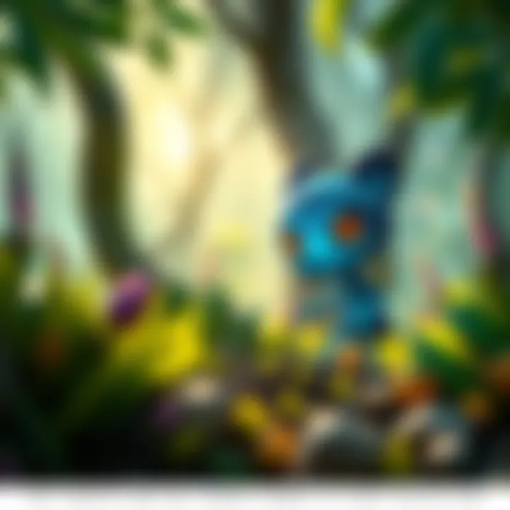 A colorful Ori character exploring a lush forest with bright plants and soft lighting