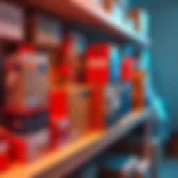 Several boxes and packaging materials neatly arranged on a shelf, showing different item types and sizes.