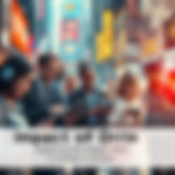 A diverse group of people interacting with technology influenced by Orin in a lively urban setting.