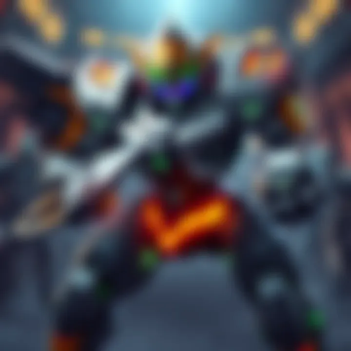 A digital illustration of Orisa, a robot warrior, showcasing various build options like damage and health stats in a competitive game setting.