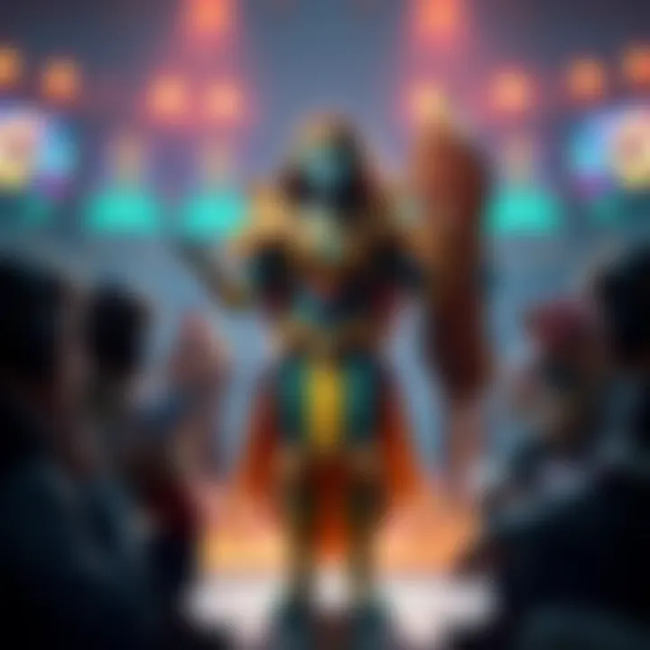 A digital character named Orisa stands in a gaming arena, surrounded by players discussing her abilities. She holds a javelin, illustrating her role in competitive play. Conflicted expressions on play...