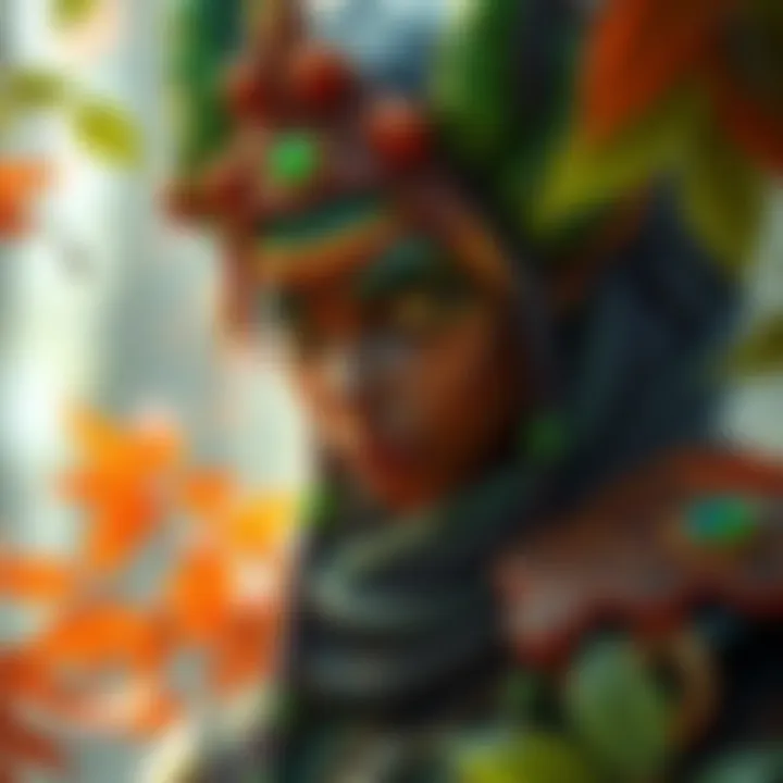 Colorful depiction of the Orisa character in her Forest Spirit skin, showing vibrant green and brown colors, surrounded by nature elements like trees and leaves.