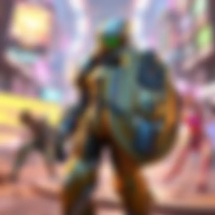 Orisa, the robot character from Overwatch, stands in a battle stance with a shield, surrounded by vibrant game graphics. Her new design reflects recent changes in the game.