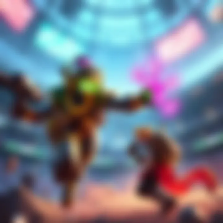 Orisa character demonstrating DPS and tank abilities in a stadium setting