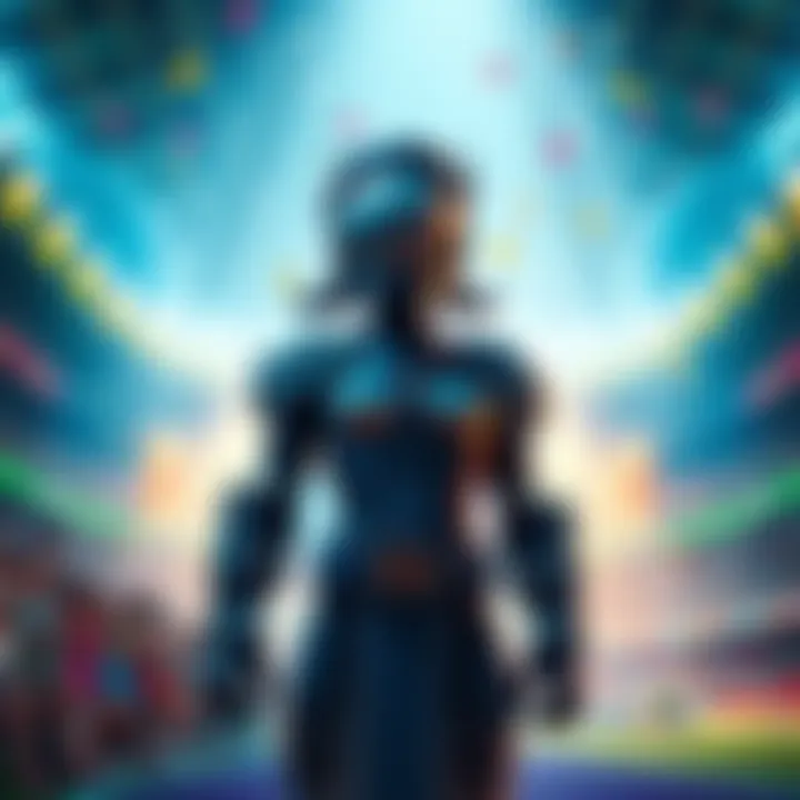 A character named Orisa stands ready in a vibrant stadium, preparing for battle with a determined look, surrounded by cheering fans.