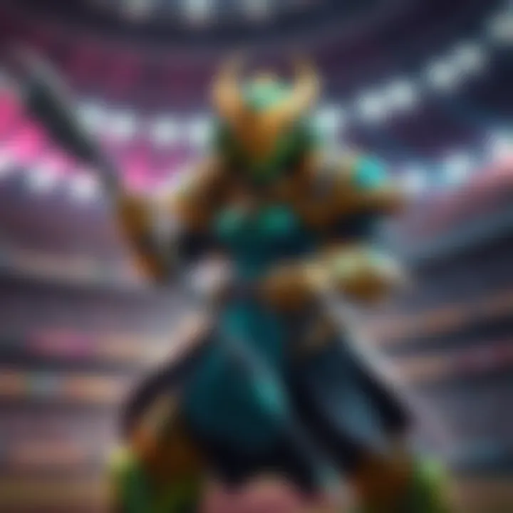 Orisa character showing powerful damage build in a stadium setting, preparing to attack with javelin and armor enhancements.