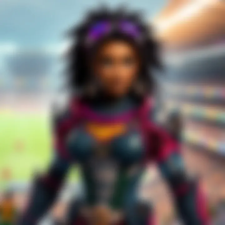 Orisa in a stadium setting Orisa stands confidently in a vibrant stadium, showcasing her powerful stance and abilities, as players compete around her.