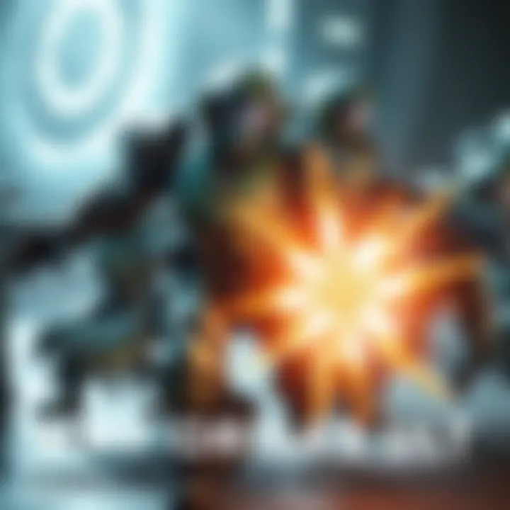 Orisa, a robotic character, is activating her Terra Surge ultimate ability, glowing with energy while surrounded by teammates in a virtual battlefield.