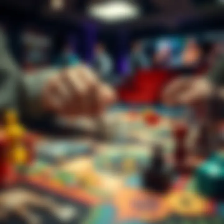 A player rolls dice in the board game Orlog, surrounded by colorful game pieces and a rich, detailed game board