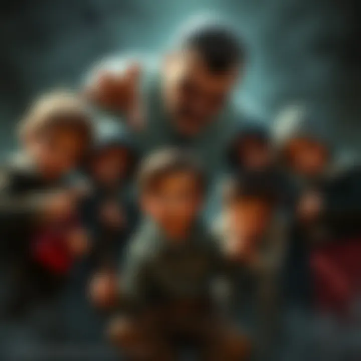 An image depicting a group of orphans teaming up with a ghostly figure of Hitler, plotting against a young boy. The scene is darkly humorous with exaggerated features. The orphans appear mischievous w...