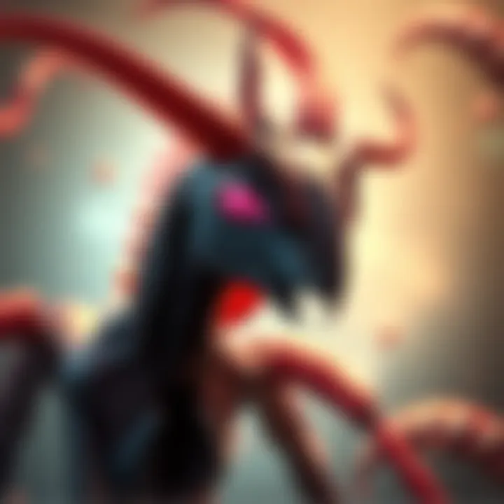 Oryx transformation Illustration of Oryx transitioning from a female form to a male form, highlighting worm guards in the background.