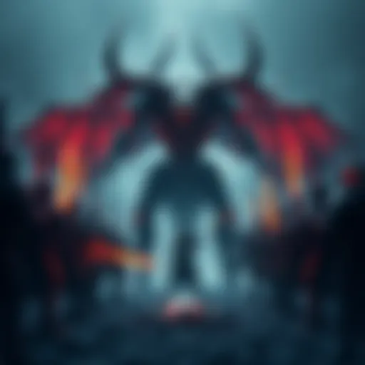 Oryx, The Taken King, stands tall in a dark battlefield, facing Warhammer 40k warriors ready for battle.