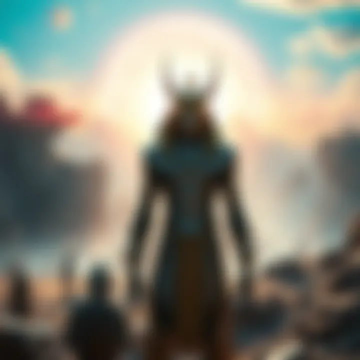 A character resembling Osiris stands in a sci-fi landscape, looking uncertain. In the background, hints of a bright future and shadows of confusion loom.