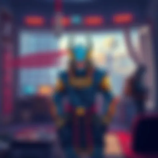 A digital illustration of Osiris, a character from a game, looking lonely and underused in a gaming environment.