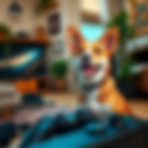 A happy dog named Otis eagerly looking towards the camera with a playful expression, as a gaming console sits nearby in a cozy home setting.