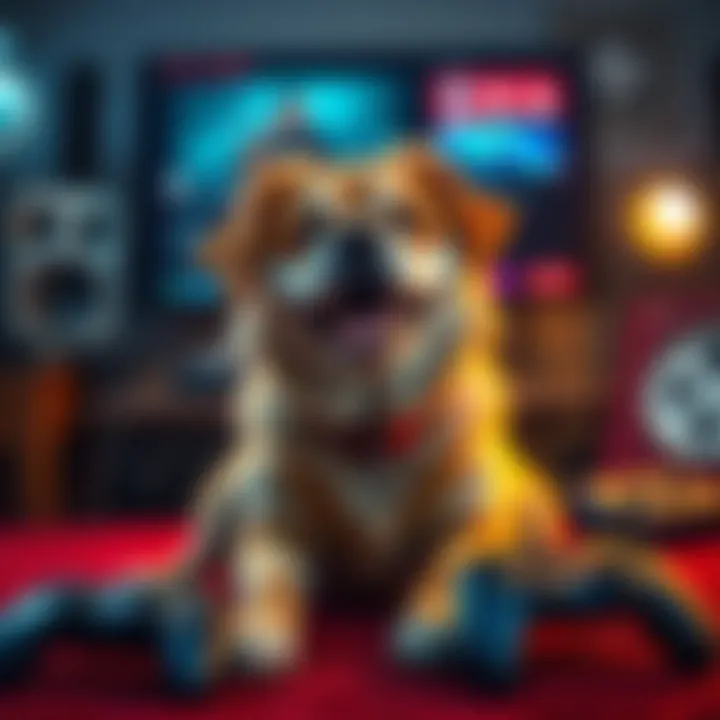 Otis, a cheerful dog, sits with a playful expression, surrounded by gaming controllers and a screen showing Forsen's stream.