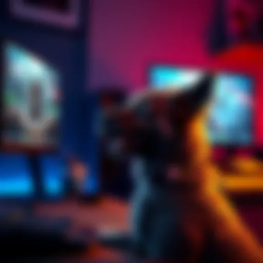 Otis the dog waiting A joyful dog named Otis sitting and looking at a computer screen with game images, eagerly awaiting a streamer's play of Black Flag.