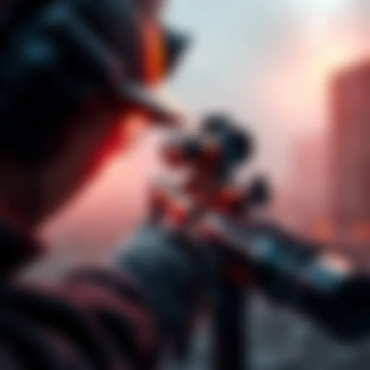 A shooter aiming with an OTS sniper rifle, focusing on a target in the distance, showcasing the rifle's aim mode.
