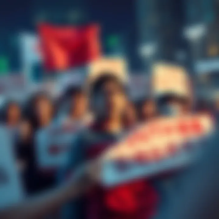 A group of people expressing anger and disappointment over sexual assault threats made by Rayasianboy against an E-Pal worker, holding banners for accountability.