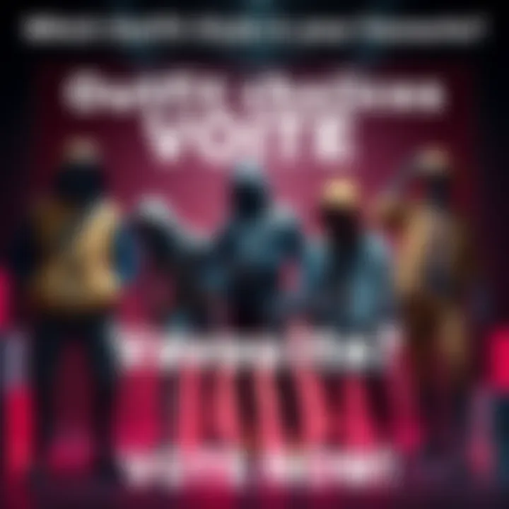 A display of various outfit styles including the Dark Adventurer set, inviting votes from readers.