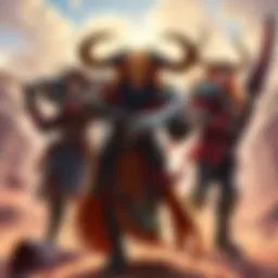 Three distinct characters showcasing unique armor and weapons, representing Outlaw Midas, Eternal Longhorn, and Mayhem Scythe in a vibrant setting.