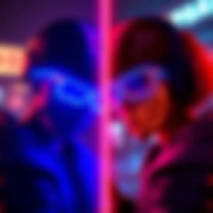 A split image showing vibrant outline colors for a friendly character in blue and a hostile character in red, highlighting gaming aesthetics.