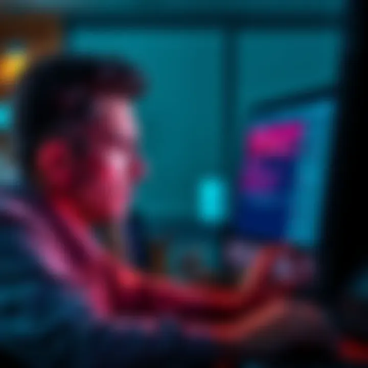 Outlook email frustration A person looking frustrated at their computer while using Outlook, showing unread emails and rewards display on screen.